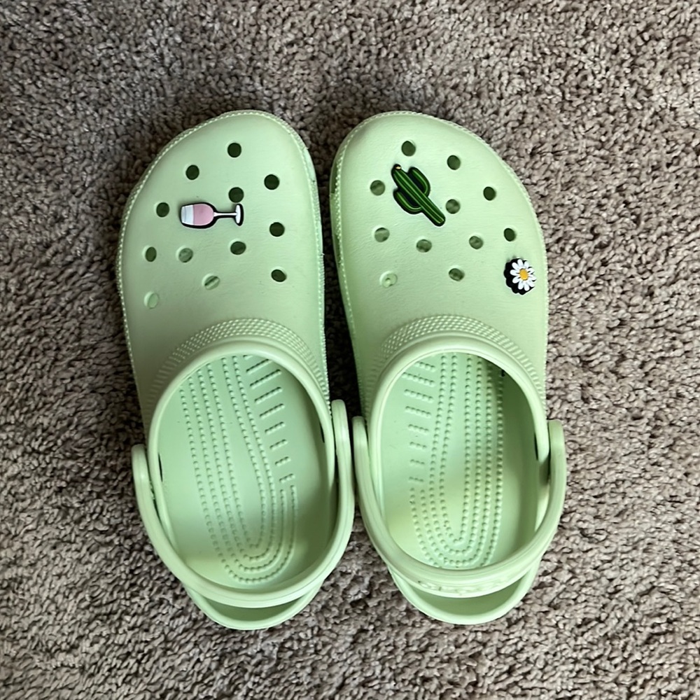 Classic Crocs, Celery, size 8 womens, worn only once, jibbitz shown are include